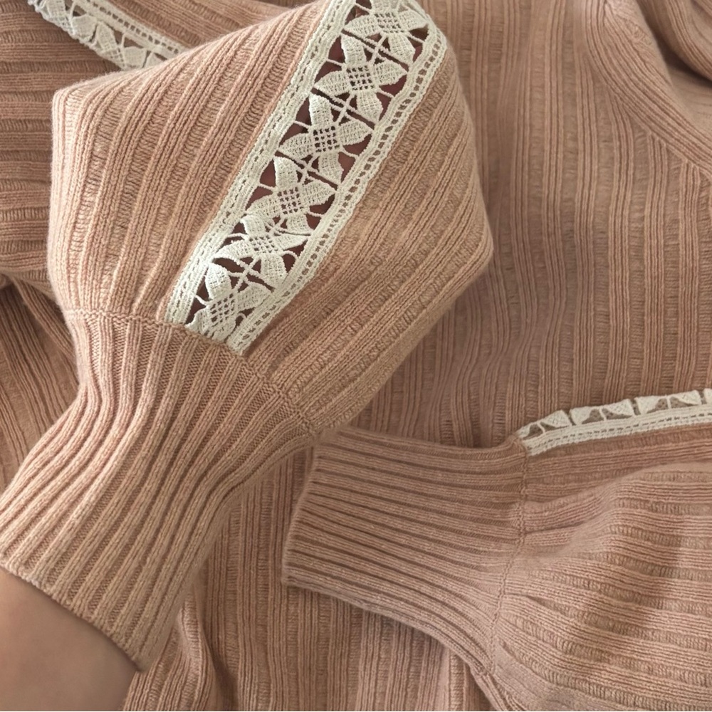 See by Chloe Wool Blend Knit Lace Sleeve Crewneck Sweater Cameo Rose Size M $325 - Picture 5 of 14